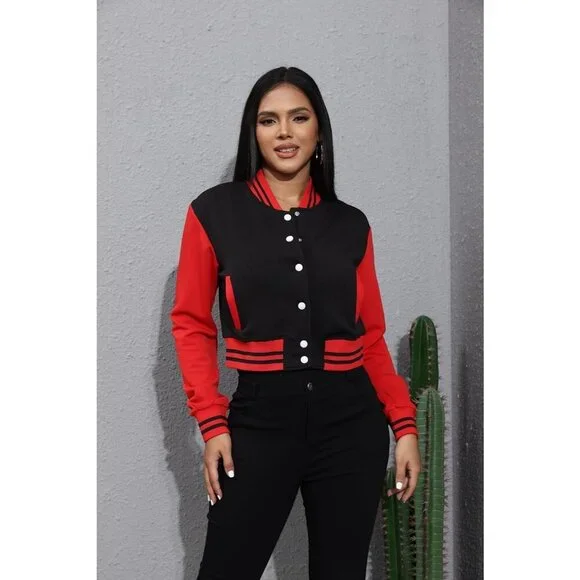 Women's Varsity Long Sleeve Button Down Bomber Jacket Streetwear Black Red - Picture 3 of 5